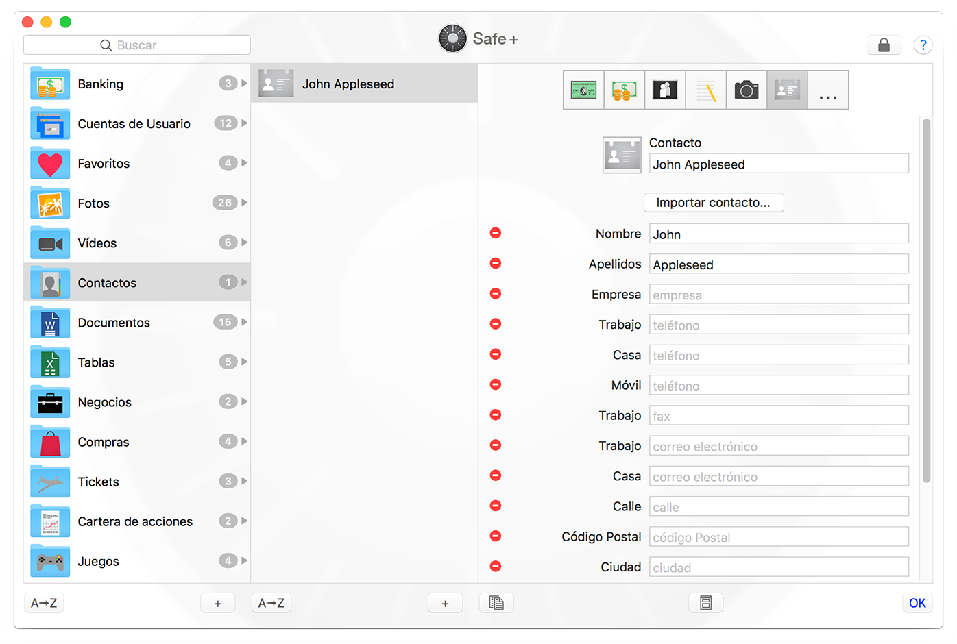 Safe + for Mac, Creating a Contact.