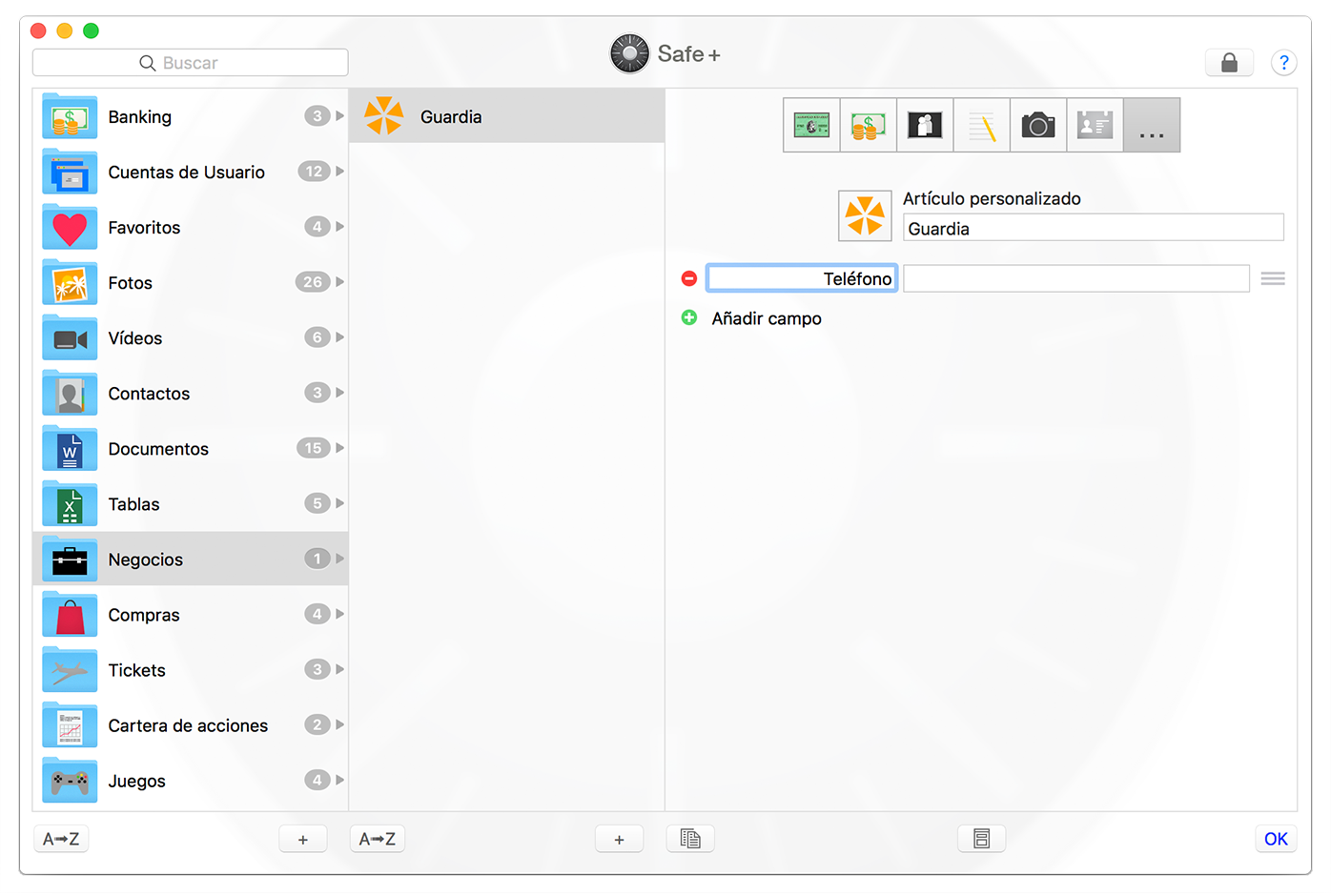 Safe + for Mac, Creating a Customizable Item.